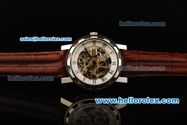 Patek Philippe Skeleton Automatic Movement Steel Case with Roman Numerals and Brown Leather Strap - Click Image to Close